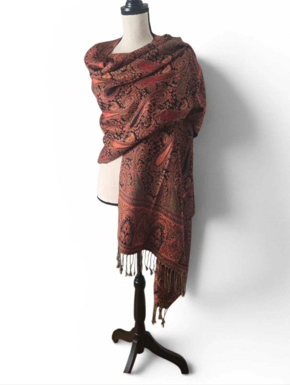 Paisley Fringe Scarf Wrap Shawl – Black, Rust & Olive – Boho Festival Style